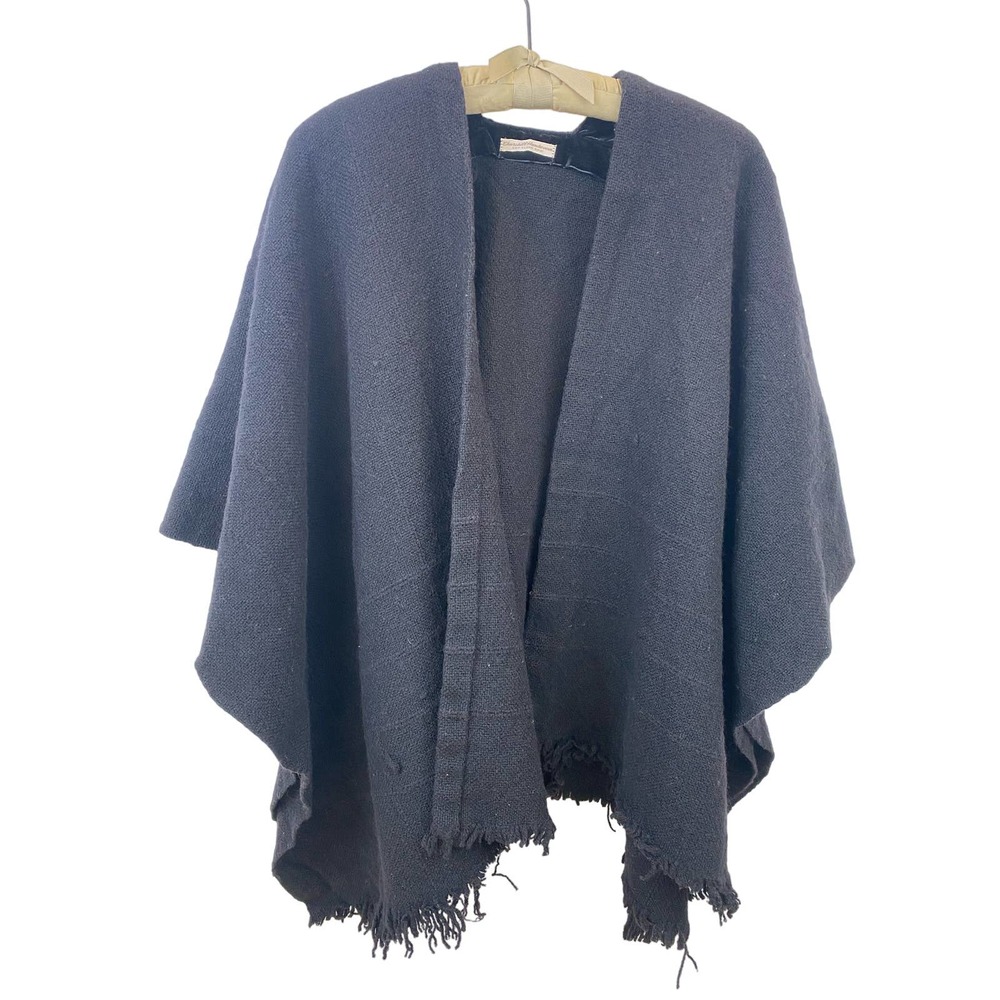 Vintage Churchill Handwoven Black Woven Wool Wrap Small Fringe